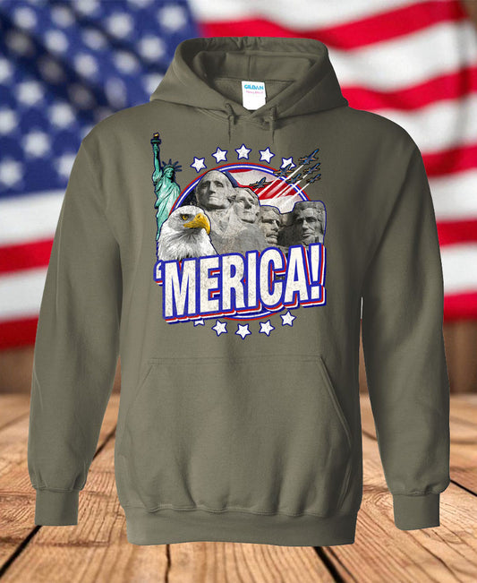 Patriotic ’Merica Graphic Fleece Hoodie – Bald Eagle, Mount Rushmore, Statue of Liberty & USA Pride Hoodie