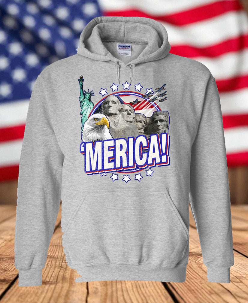 Patriotic ’Merica Graphic Fleece Hoodie – Bald Eagle, Mount Rushmore, Statue of Liberty & USA Pride Hoodie