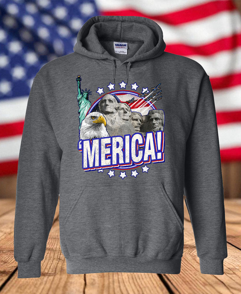 Patriotic ’Merica Graphic Fleece Hoodie – Bald Eagle, Mount Rushmore, Statue of Liberty & USA Pride Hoodie