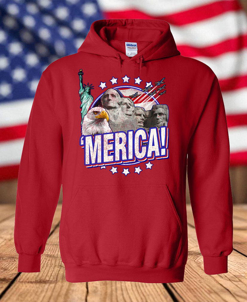 Patriotic ’Merica Graphic Fleece Hoodie – Bald Eagle, Mount Rushmore, Statue of Liberty & USA Pride Hoodie