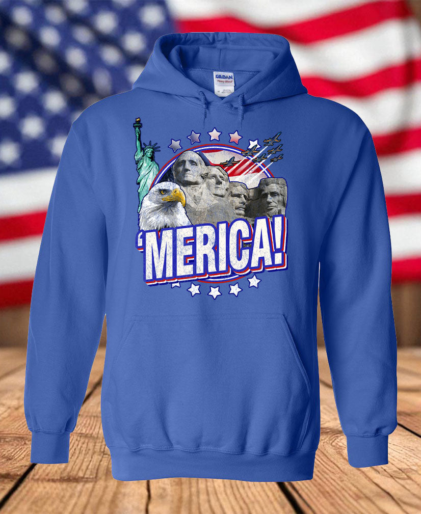 Patriotic ’Merica Graphic Fleece Hoodie – Bald Eagle, Mount Rushmore, Statue of Liberty & USA Pride Hoodie