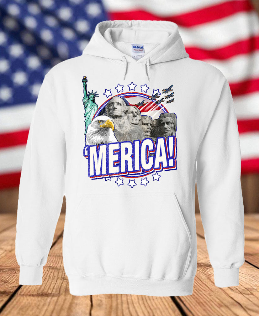 Patriotic ’Merica Graphic Fleece Hoodie – Bald Eagle, Mount Rushmore, Statue of Liberty & USA Pride Hoodie