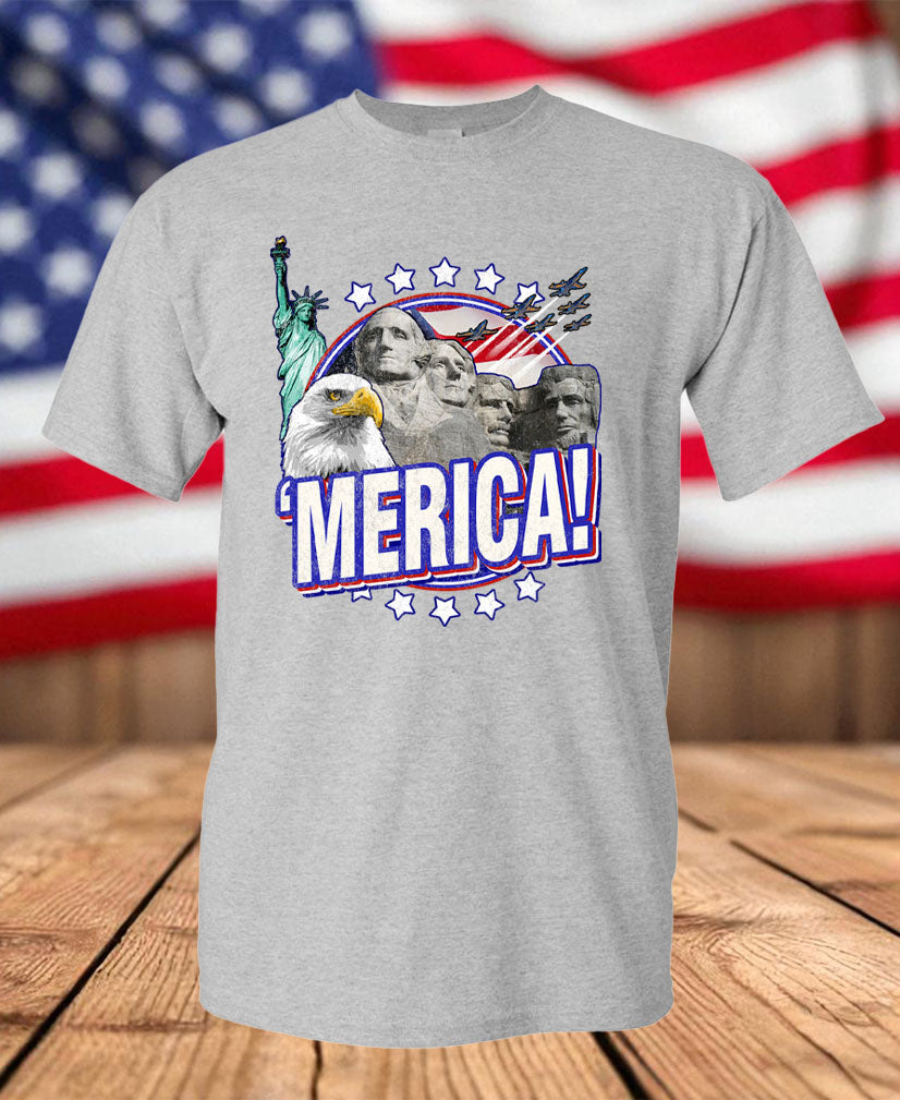 Patriotic ’Merica Graphic T-Shirt – Bald Eagle, Mount Rushmore, Statue of Liberty & USA Pride Tee
