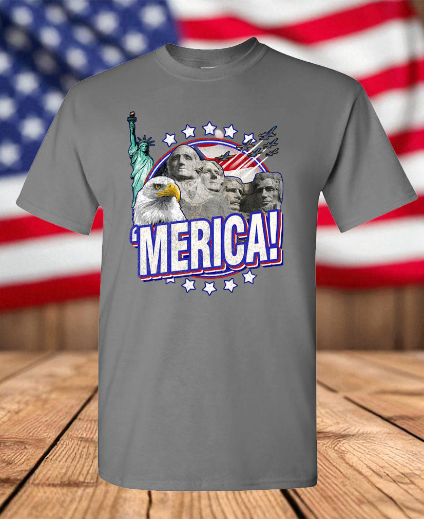 Patriotic ’Merica Graphic T-Shirt – Bald Eagle, Mount Rushmore, Statue of Liberty & USA Pride Tee