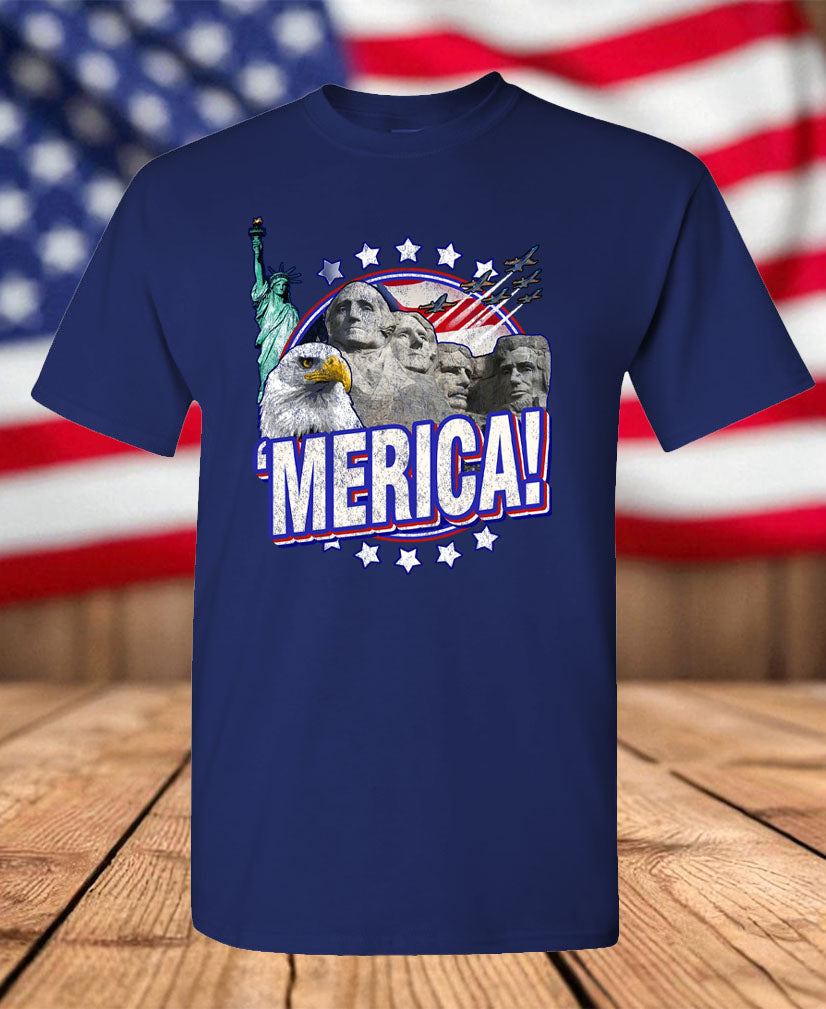 Patriotic ’Merica Graphic T-Shirt – Bald Eagle, Mount Rushmore, Statue of Liberty & USA Pride Tee