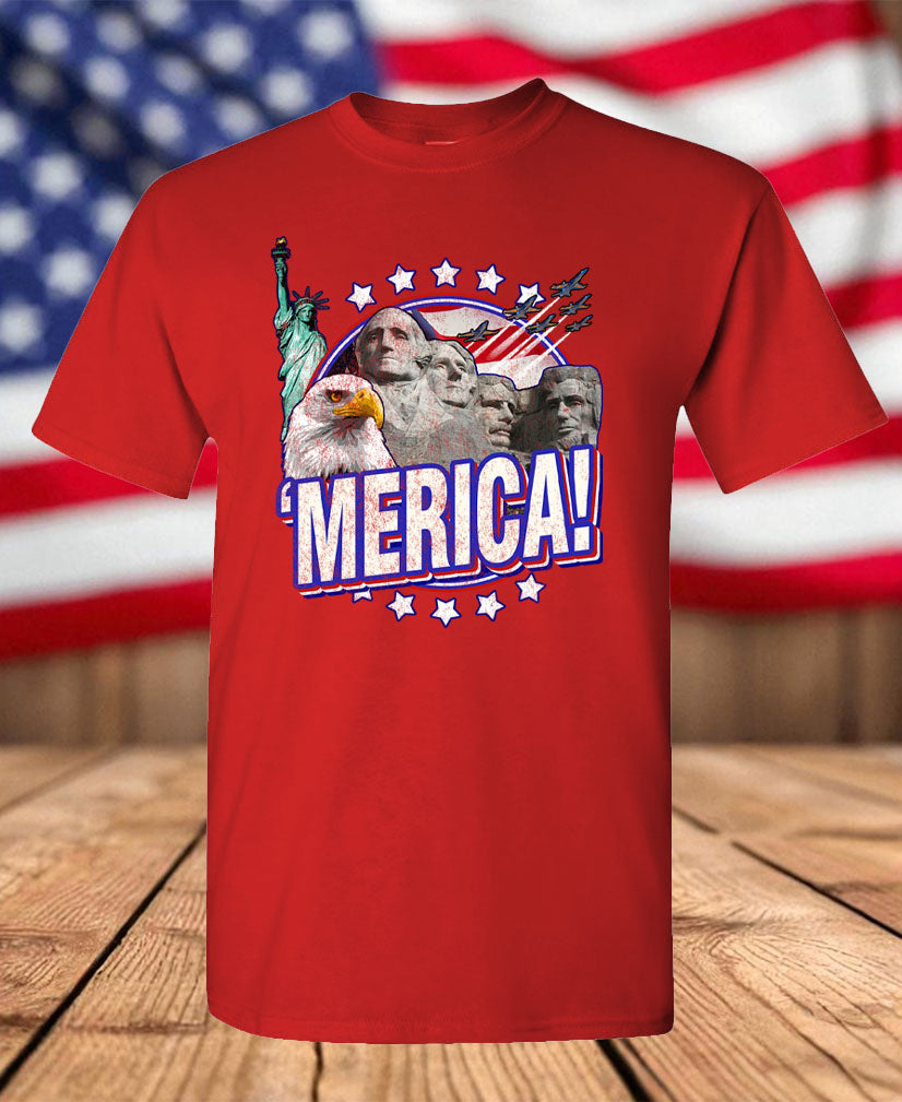 Patriotic ’Merica Graphic T-Shirt – Bald Eagle, Mount Rushmore, Statue of Liberty & USA Pride Tee