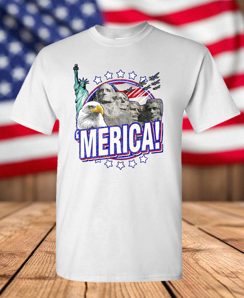 Patriotic ’Merica Graphic T-Shirt – Bald Eagle, Mount Rushmore, Statue of Liberty & USA Pride Tee