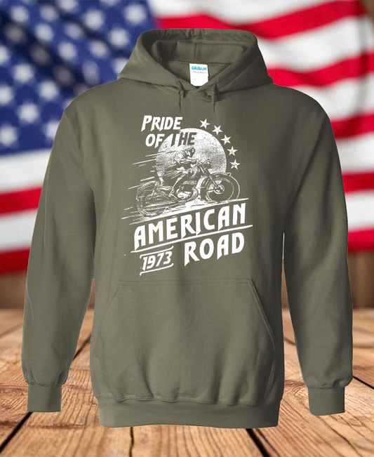 Pride of the American Road 1973 Motorcycle Rider Graphic Fleece Hoodie – Vintage Biker Men's Unisex Hooded Sweatshirt