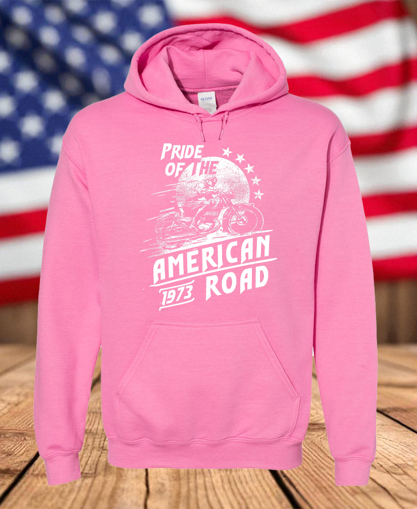 Pride of the American Road 1973 Motorcycle Rider Graphic Fleece Hoodie – Vintage Biker Men's Unisex Hooded Sweatshirt