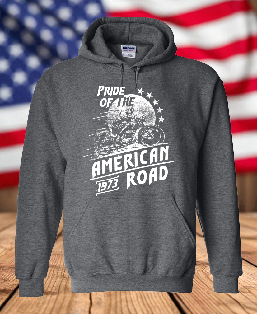 Pride of the American Road 1973 Motorcycle Rider Graphic Fleece Hoodie – Vintage Biker Men's Unisex Hooded Sweatshirt