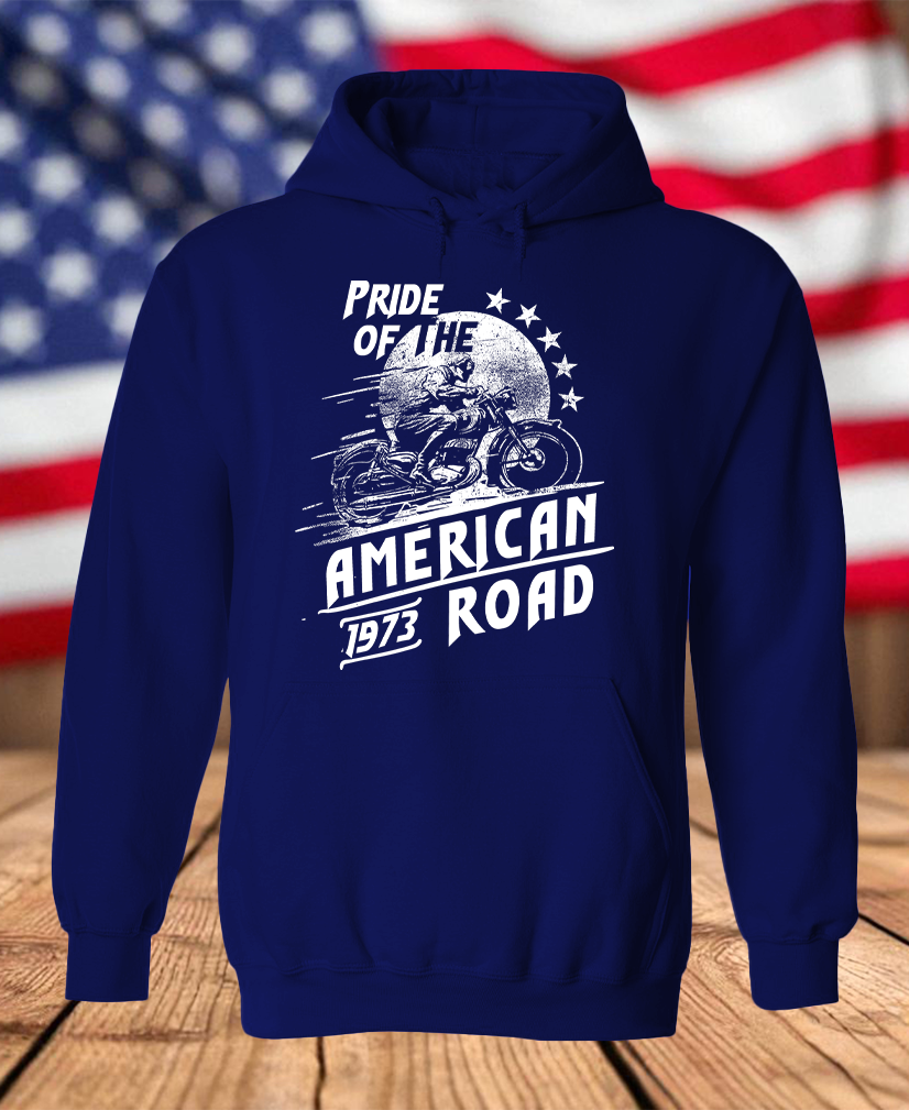Pride of the American Road 1973 Motorcycle Rider Graphic Fleece Hoodie – Vintage Biker Men's Unisex Hooded Sweatshirt