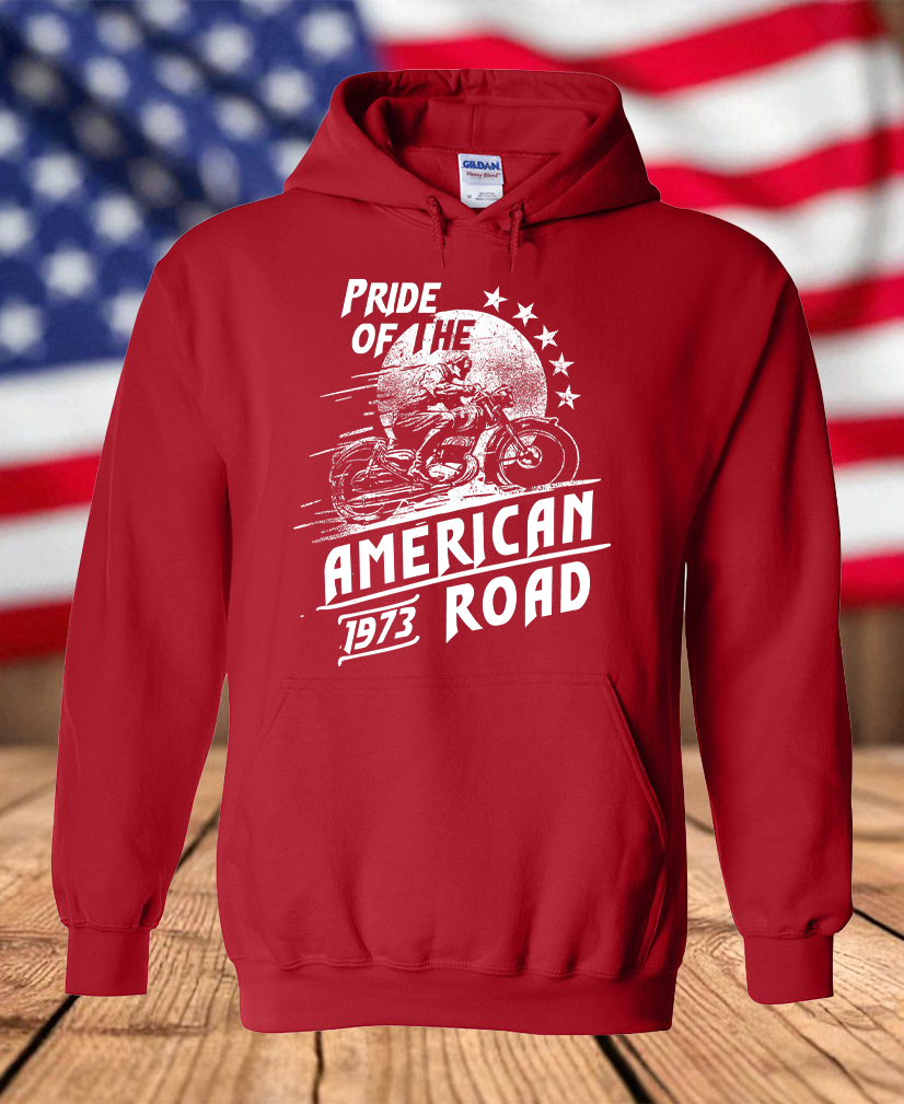 Pride of the American Road 1973 Motorcycle Rider Graphic Fleece Hoodie – Vintage Biker Men's Unisex Hooded Sweatshirt