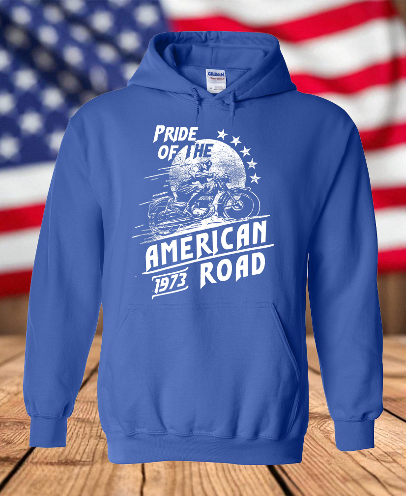 Pride of the American Road 1973 Motorcycle Rider Graphic Fleece Hoodie – Vintage Biker Men's Unisex Hooded Sweatshirt