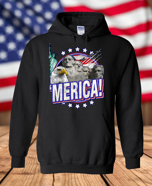 Patriotic ’Merica Graphic Fleece Hoodie – Bald Eagle, Mount Rushmore, Statue of Liberty & USA Pride Hoodie