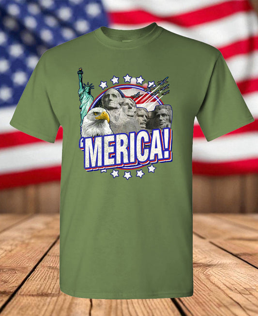 Patriotic ’Merica Graphic T-Shirt – Bald Eagle, Mount Rushmore, Statue of Liberty & USA Pride Tee