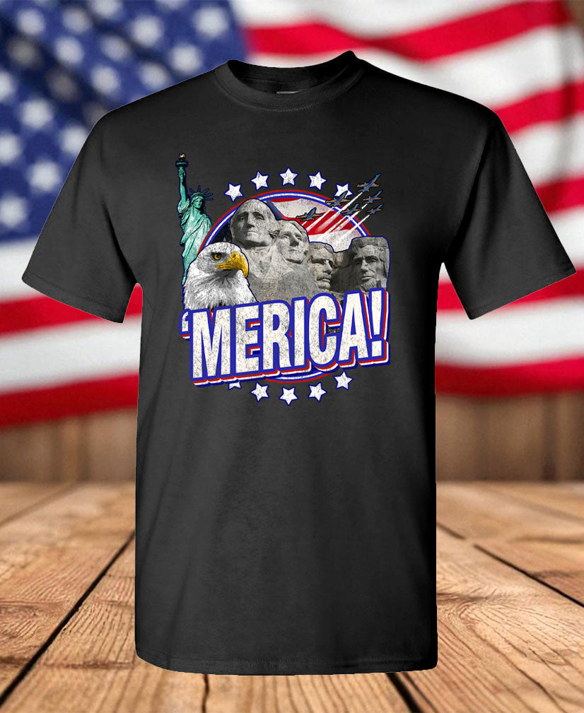 'Merica Patriotic Graphic T-Shirt – Bald Eagle, Mount Rushmore & USA Pride Tee