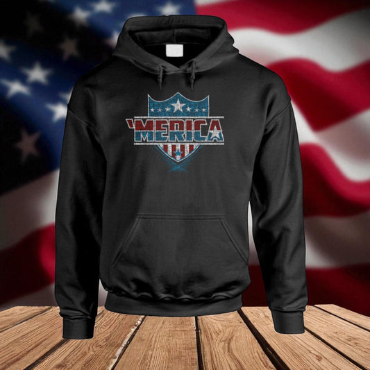 Unisex Patriotic ’Merica Shield Pullover Hoodie – Distressed American Flag Graphic Tee USA Pride Hooded Sweatshirt