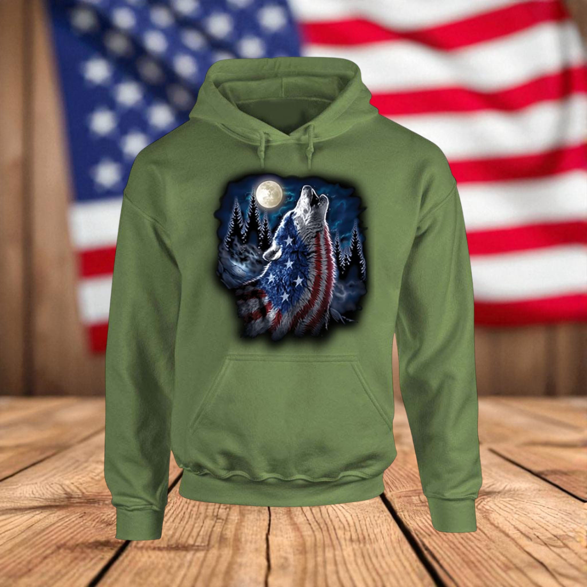 Patriotic Wolf Fleece Hoodie – USA Flag Howling Wolf Graphic Sweatshirt