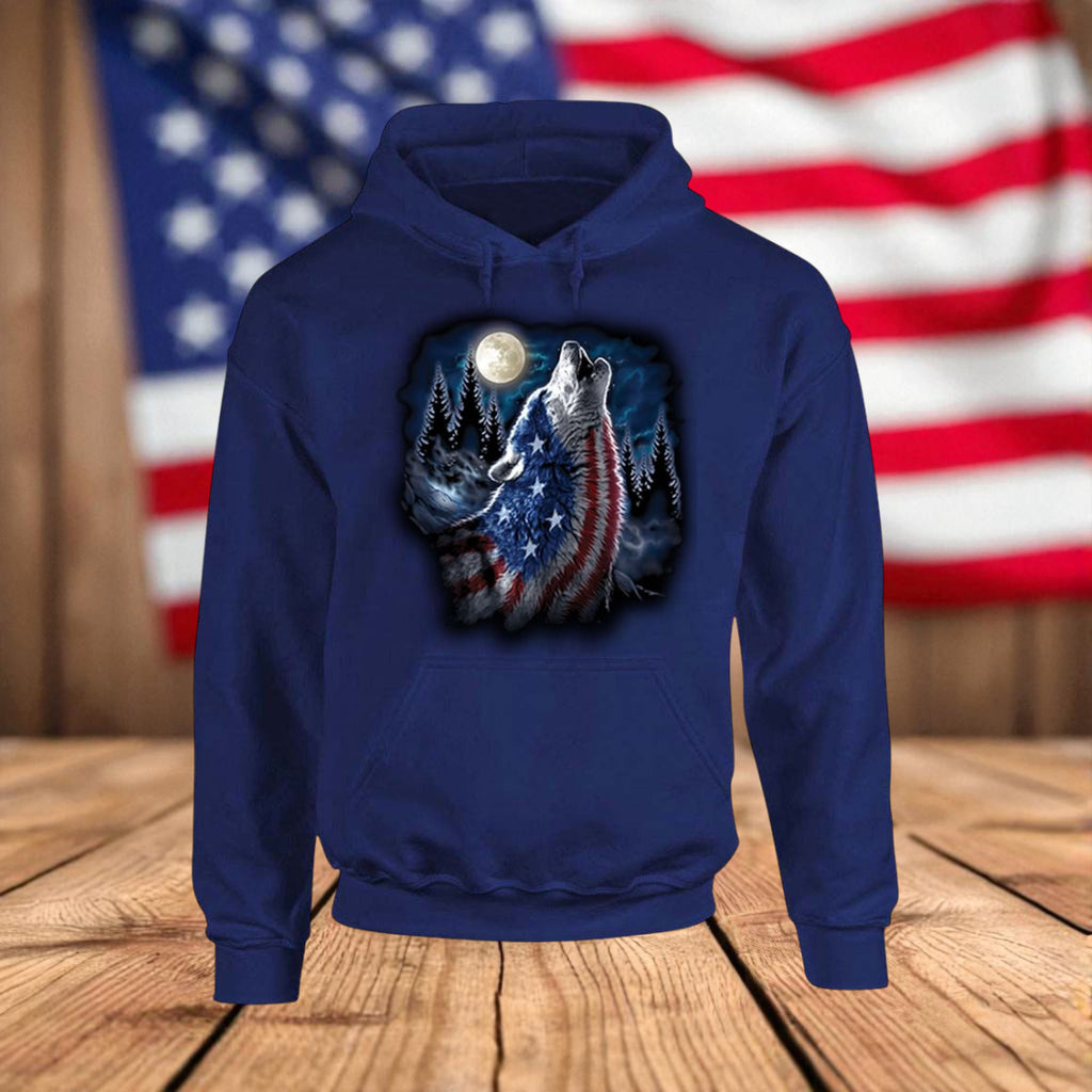 Patriotic Wolf Fleece Hoodie – USA Flag Howling Wolf Graphic Sweatshirt