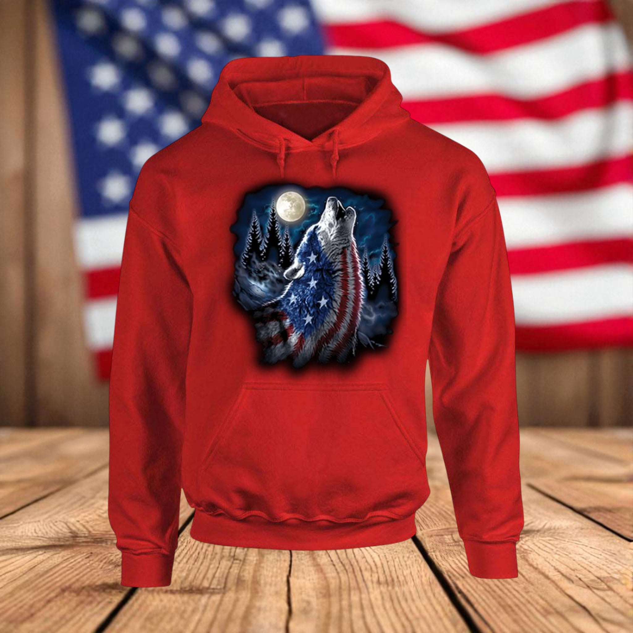 Patriotic Wolf Fleece Hoodie – USA Flag Howling Wolf Graphic Sweatshirt