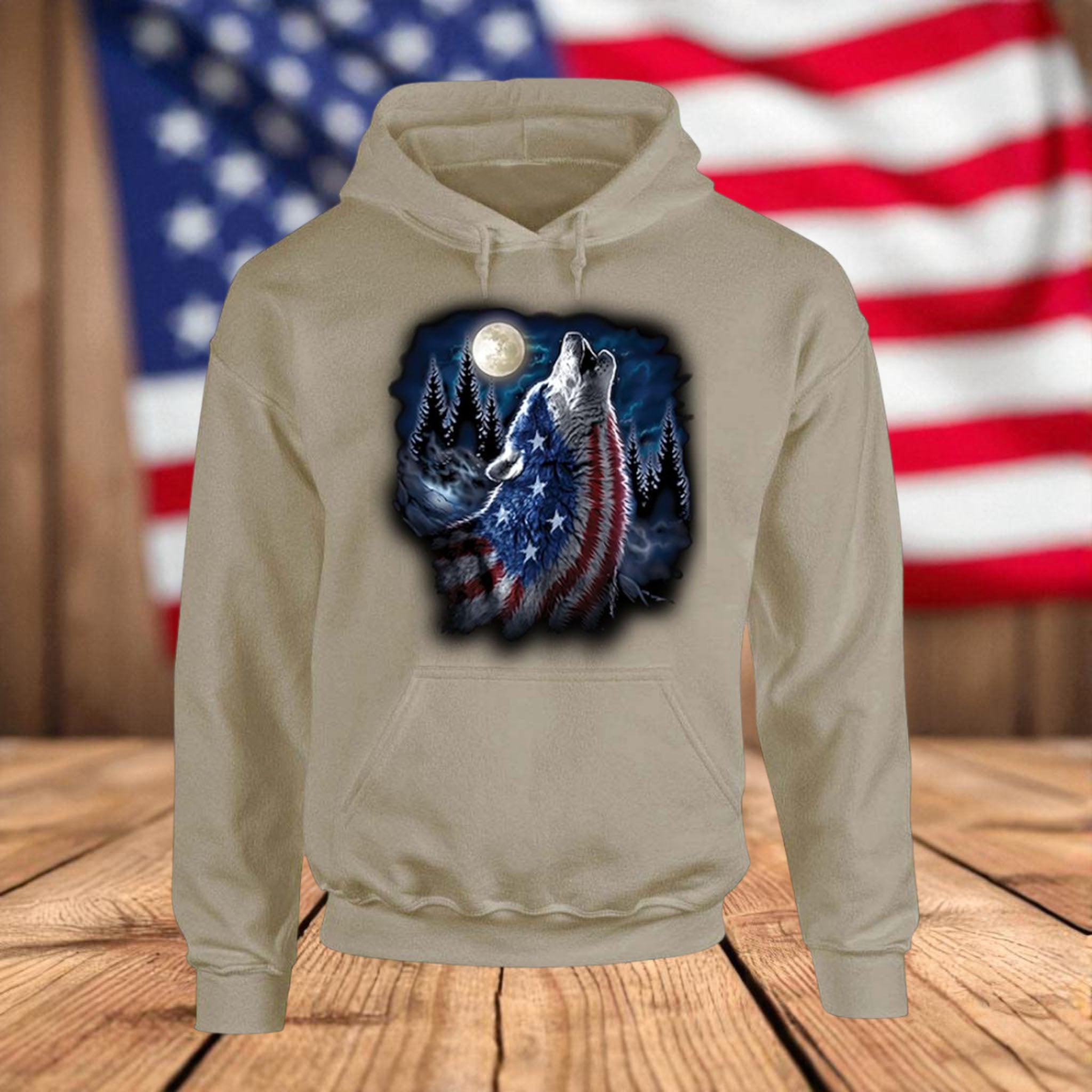 Patriotic Wolf Fleece Hoodie – USA Flag Howling Wolf Graphic Sweatshirt