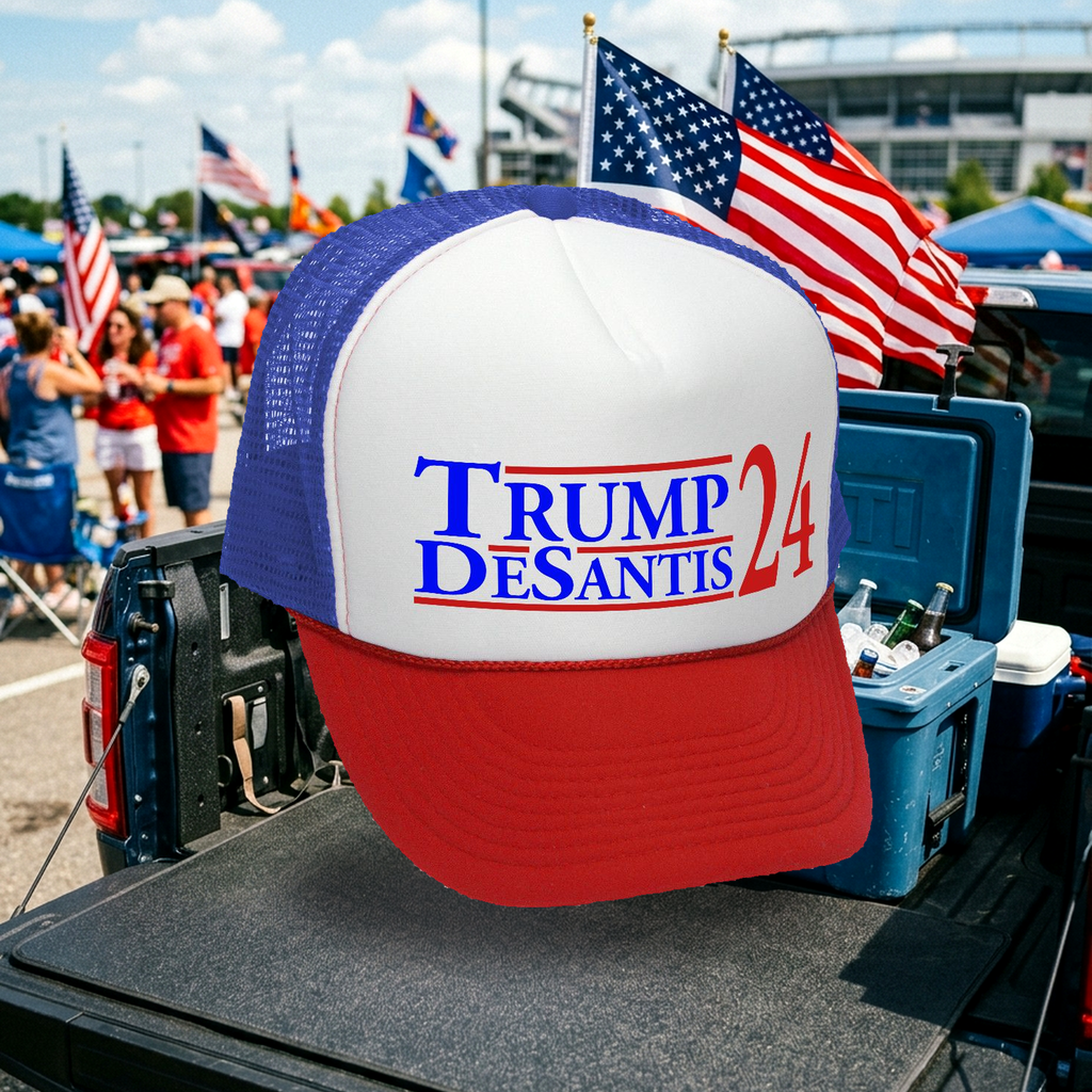 TRUMP - DESANTIS - 2024 For President - Vintage Retro Style Trucker Cap Hat - Five Panel Retro Style TRUCKER Cap